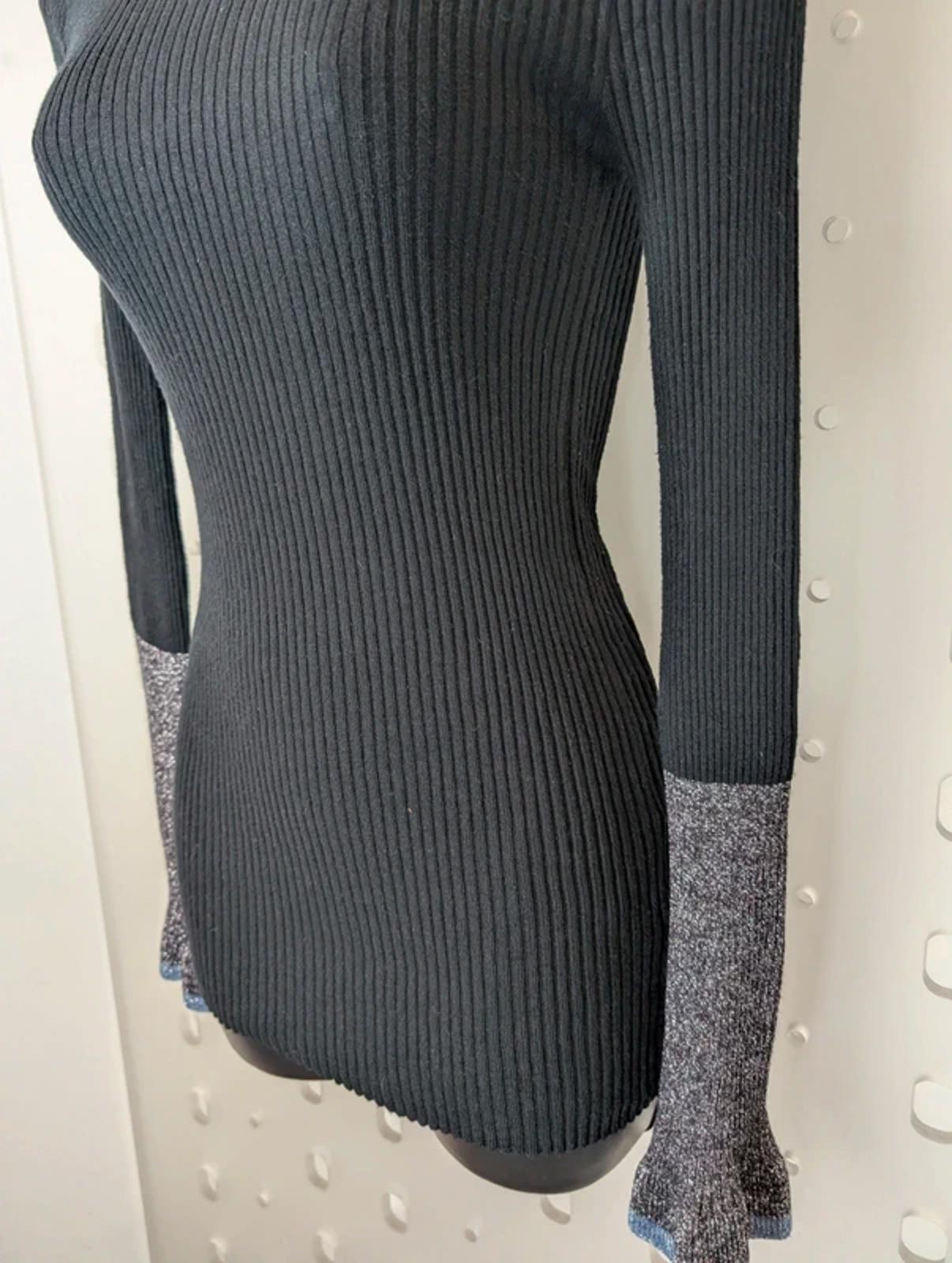 Rue de Femme Ribbed Knit Top M Black Lurex Fluted Sleeve Slim Fit