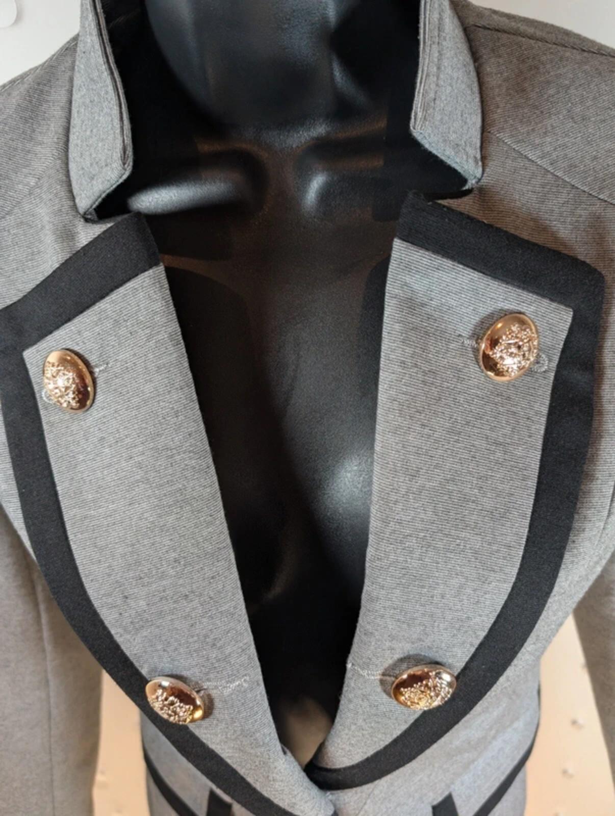 Fitted Military Style Jacket Grey Structured Blazer Statement Buttons Size S