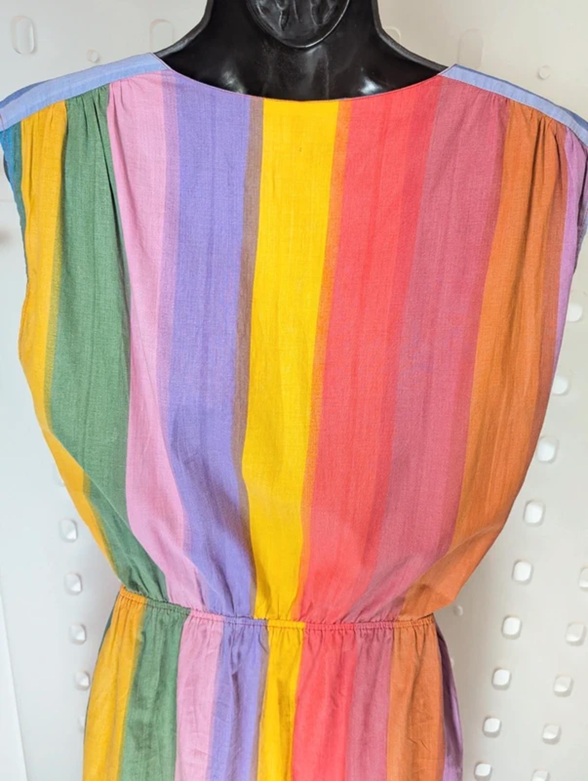 Vintage Rainbow Stripe Cotton Day Dress Button Front Pockets UK10