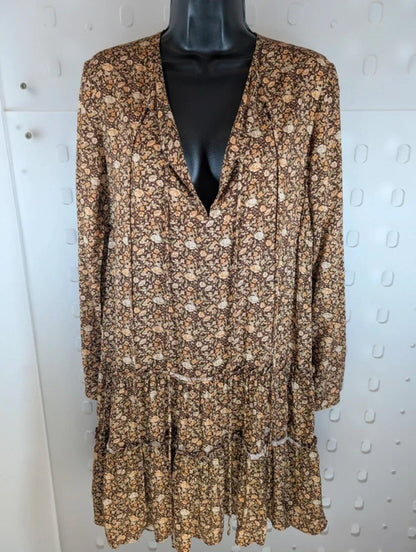 Urban Revivo brown floral boho dress XS UK6 floaty romantic viscose