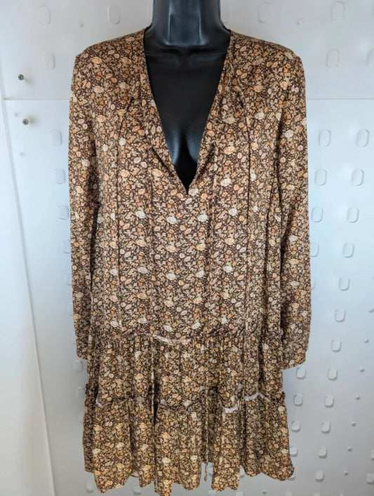 Urban Revivo brown floral boho dress XS UK6 floaty romantic viscose