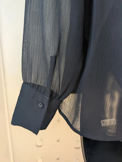 Second Female Truffle Blouse Navy Sheer Back Frill Neck Button Back Scandi XS