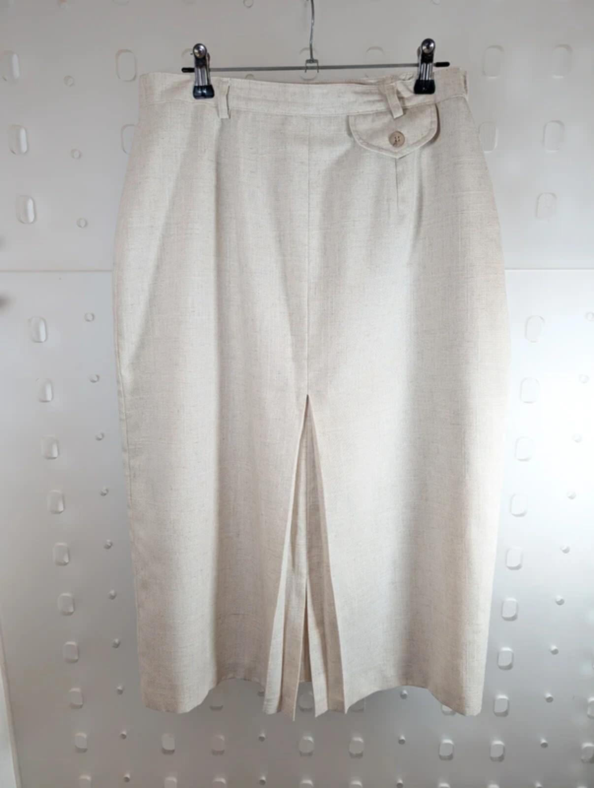 Vintage Berkertex Linen Blend Midi Pencil Skirt Cream Beige UK14