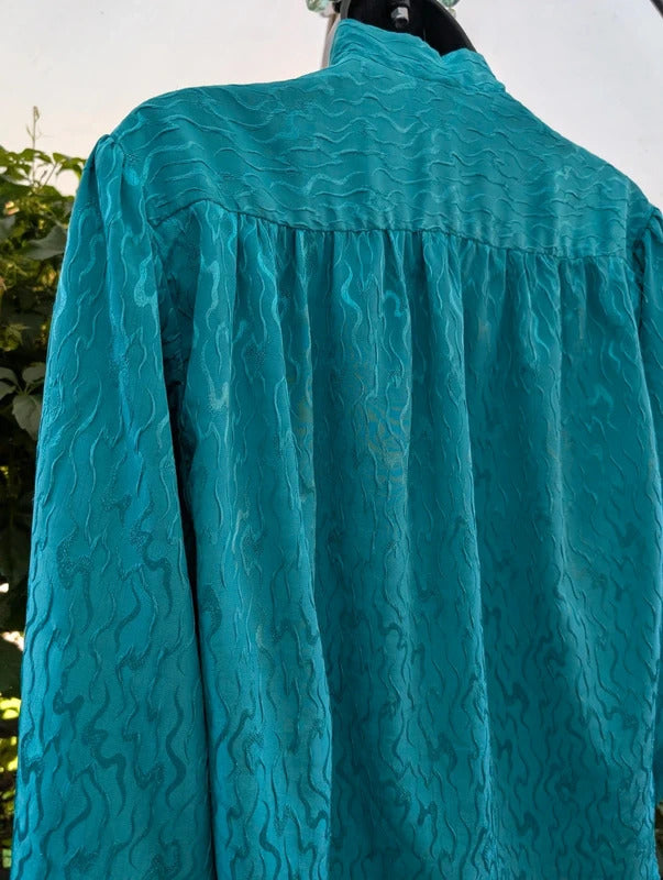 Vintage 1980s Teal Green Blouse With Tie Medium
