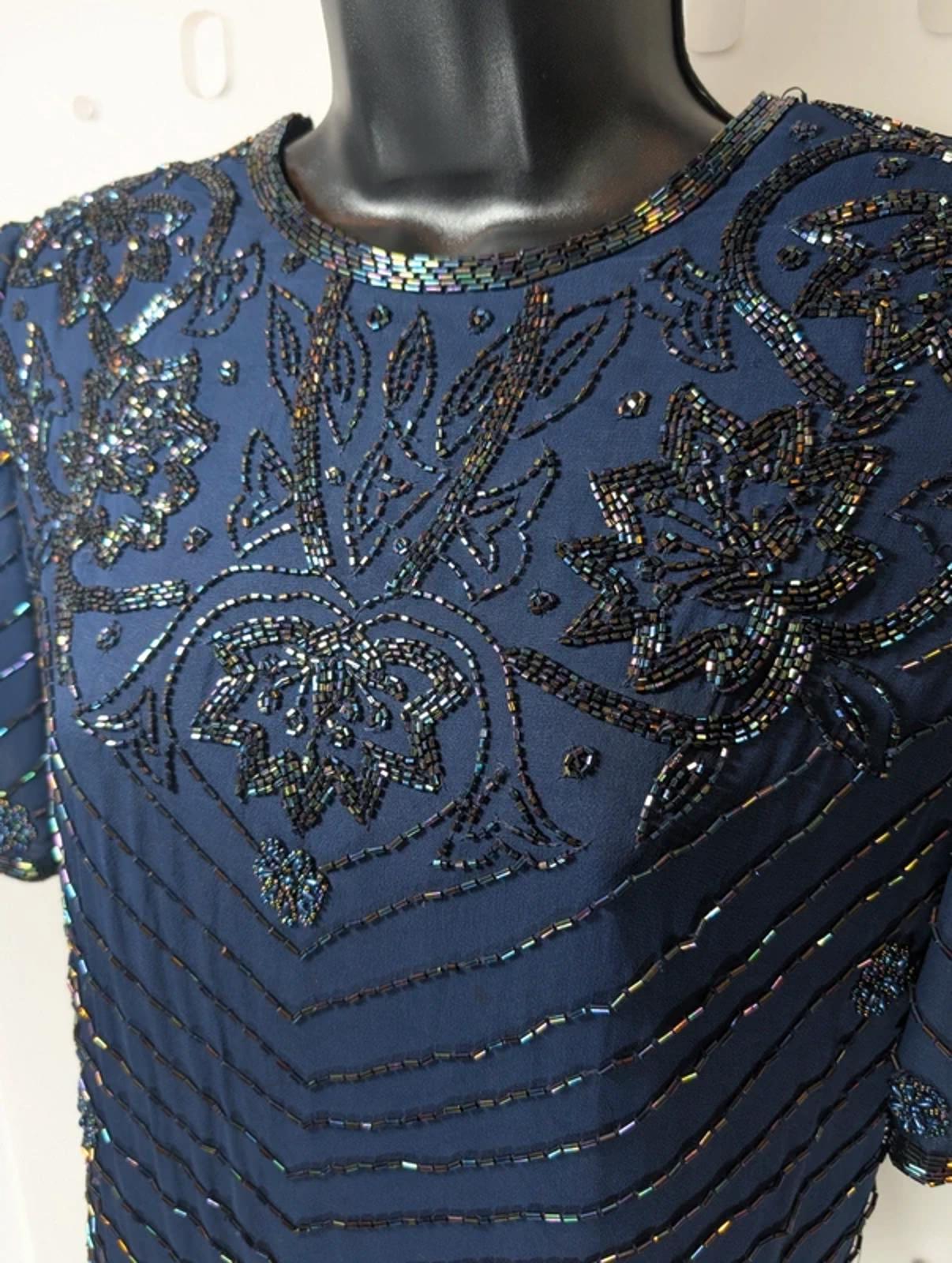 Simon Ellis Navy Silk Beaded Evening Top Vintage Glam UK10