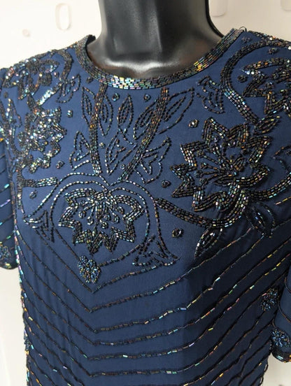 Simon Ellis Navy Silk Beaded Evening Top Vintage Glam UK10
