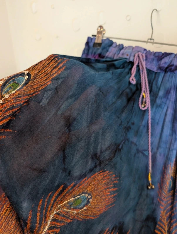 Indian Peacock Print Embellished Rayon Maxi Skirt Free Size