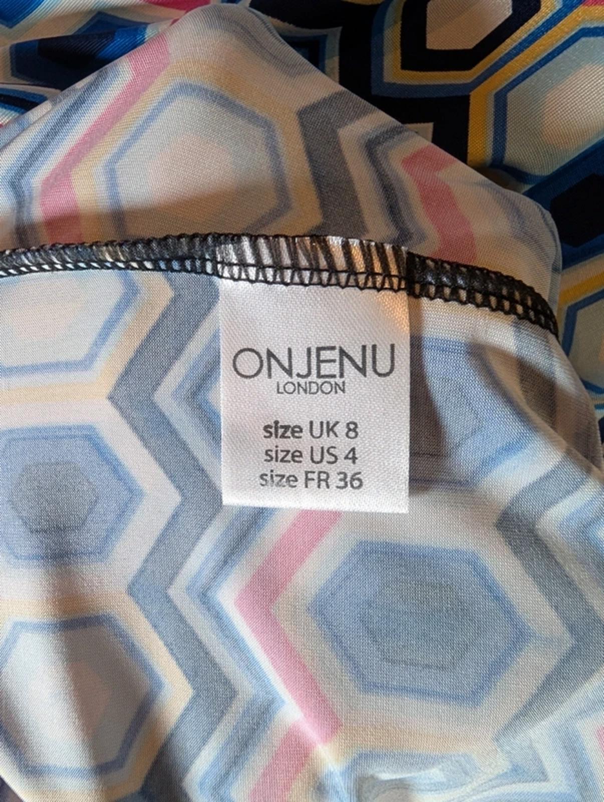 Onjenu Geometric Print Wrap Dress UK 8 Stretch Jersey Knee Length 70s Style