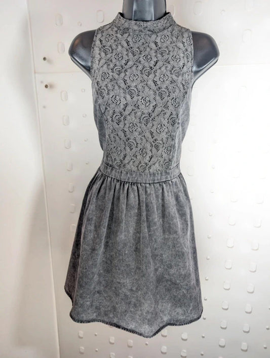 Neon Rose Charcoal Grey Denim Fit & Flare Dress Lace Bodice UK14