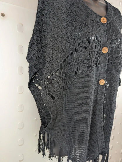 Nina Murati oversized black crochet tassel cardigan S/M