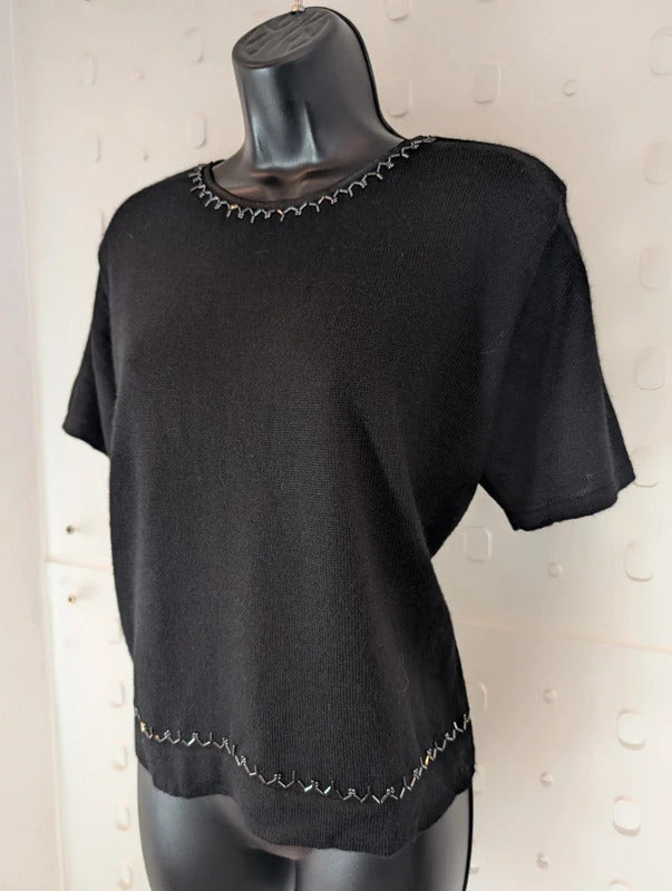 Petite Sophisticate Black Merino Wool Blend Knit Top L