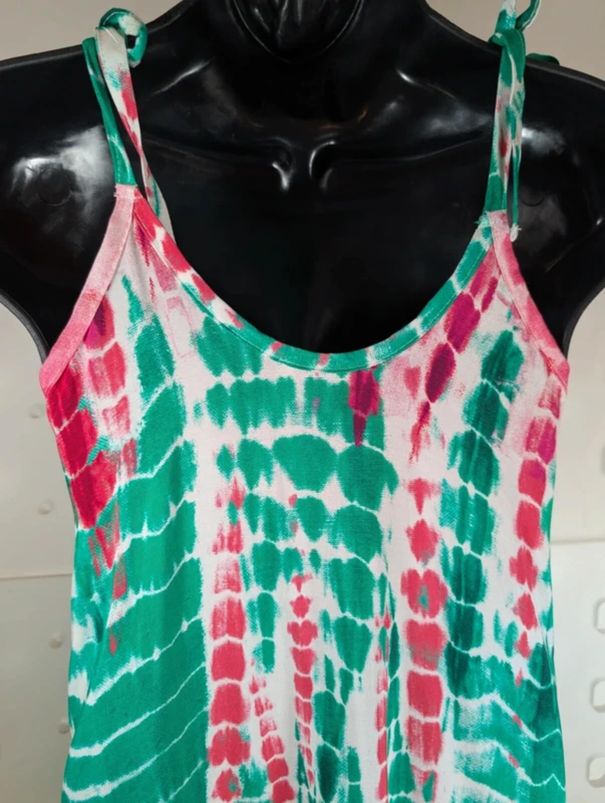Tie Dye Maxi Dress Green Pink Boho Strappy UK 8