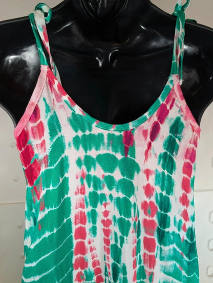 Tie Dye Maxi Dress Green Pink Boho Strappy UK 8