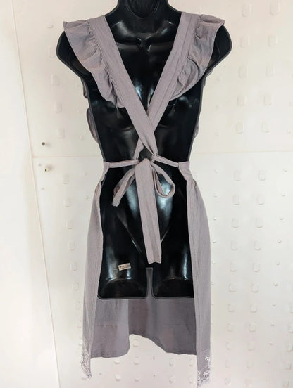 Grey Lace Trim Cross Back Kitchen Pinafore Apron Size 8