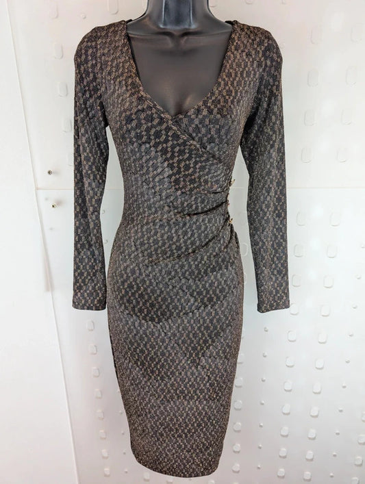 Vesper Bronze Black Art Deco Bodycon Dress UK10