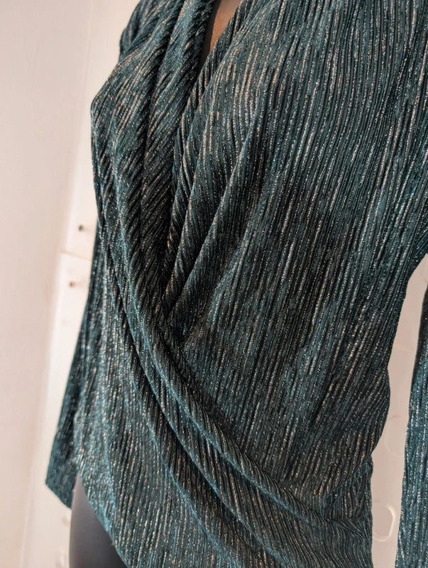 Rio & Rian Teal Green Silver Metallic Wrap Top Small