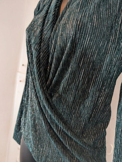 Rio & Rian Teal Green Silver Metallic Wrap Top Small