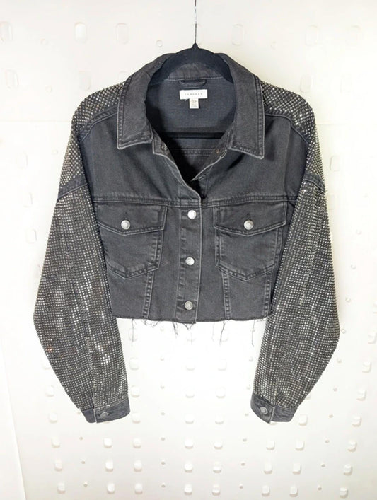 Topshop Heavily Studded Rhinestone Denim Jacket UK12 Cropped