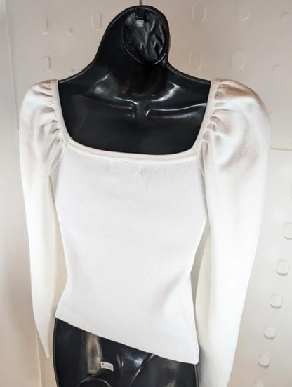 LUC-CE Off White Puff Sleeve Sweetheart Neck Knit Jumper UK10–12