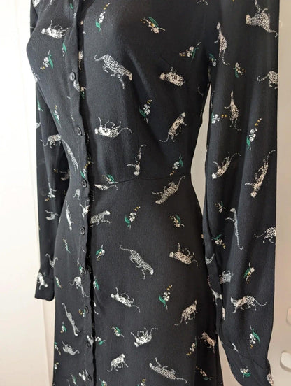 Warehouse Black & White Leopard Animal Print Dress UK8 Button Front Viscose