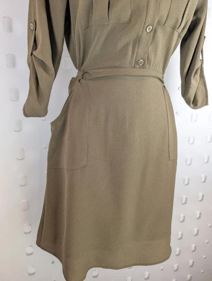 Monteau Khaki Green Utility Shirt Dress Tie Waist Pockets Small