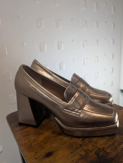 DWRS ‘Pavia’ block-heeled loafers metallic smoke leather EU 39 / UK 6 (fits 6.5)