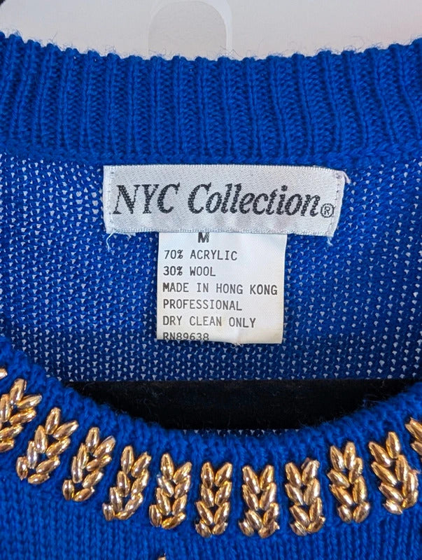 Vintage 1980s NYC Collection Royal Blue Embellished Longline Jumper M