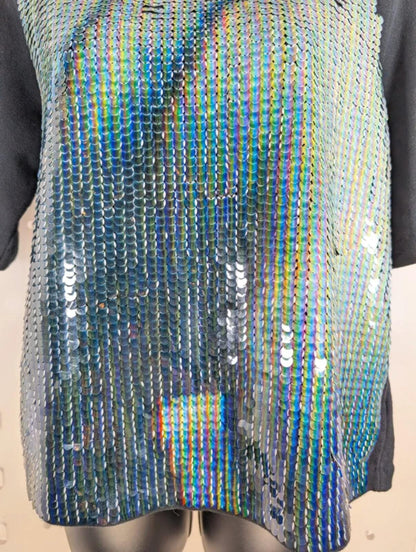 Calvin Klein Black Holographic Sequin Oversized T-Shirt Top UK8–10
