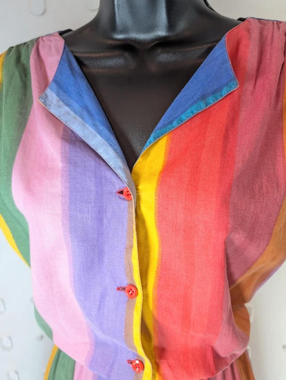 Vintage Rainbow Stripe Cotton Day Dress Button Front Pockets UK10