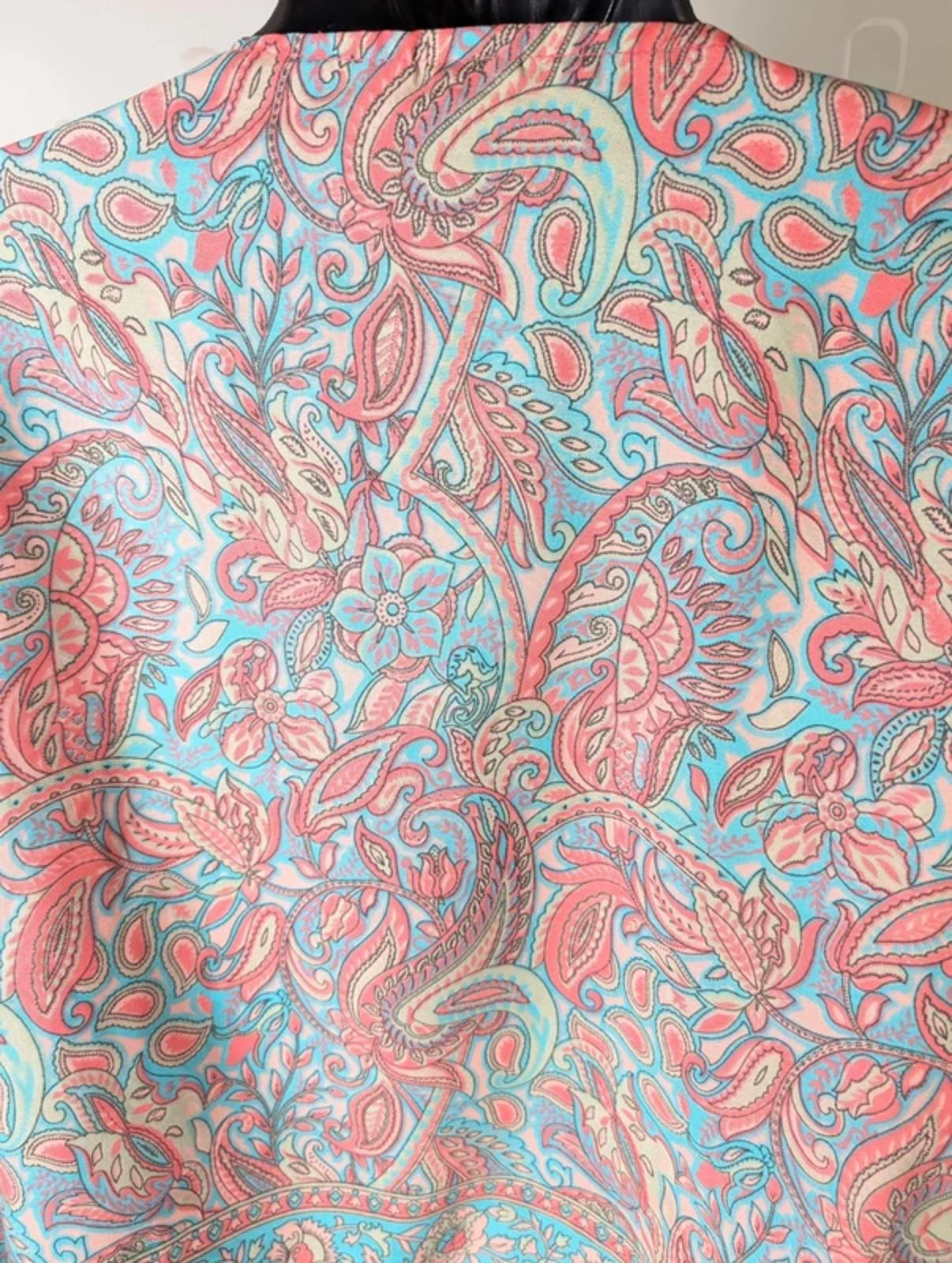 100% Silk Paisley Wrap Top | Coral & Blue | Boho Flared Sleeve