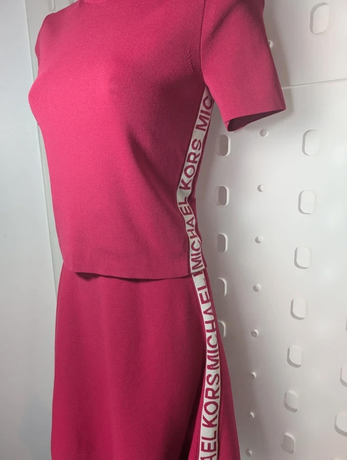 Michael Kors Pink Logo Tape Knitted Co-Ord Set XS Flared Skirt Viscose