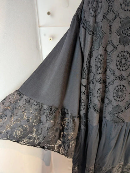 Black Lace Dress – Flared Sleeves V Neck – Sheer Detail – Gothic Summer One Size