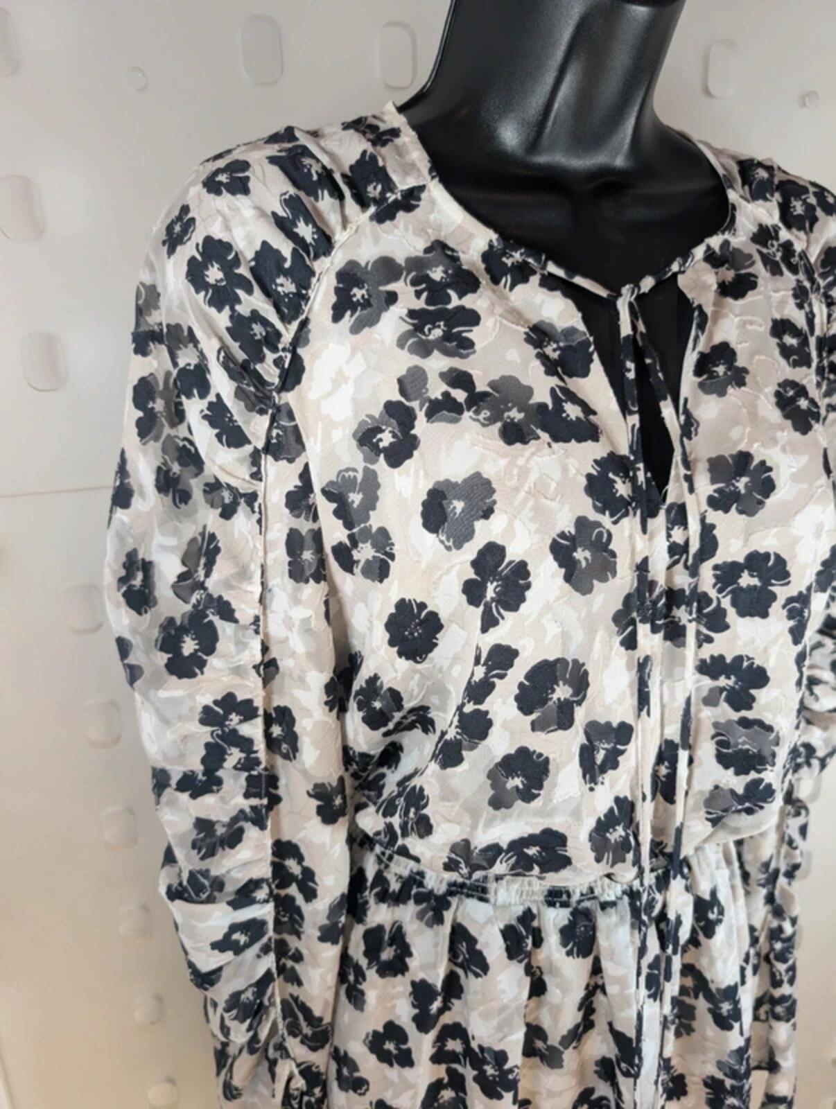 Ted Baker Black Floral Midi Dress Size 3 Shirred Waist Long Sleeve