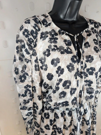 Ted Baker Black Floral Midi Dress Size 3 Shirred Waist Long Sleeve