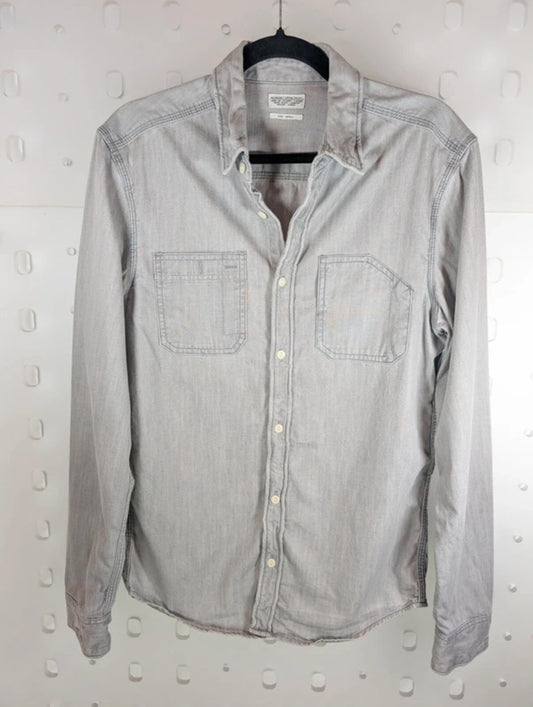 AllSaints Haiiro Washed Denim Shirt Grey Blue Utility Workwear Small