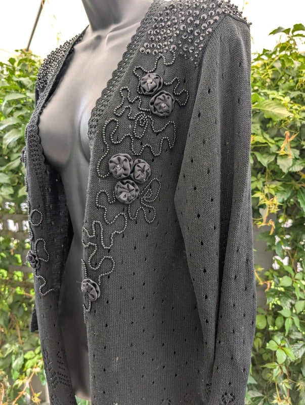 Vintage 1980s Hand Beaded Black Evening Cardigan Duster Handmade Shanghai Size M