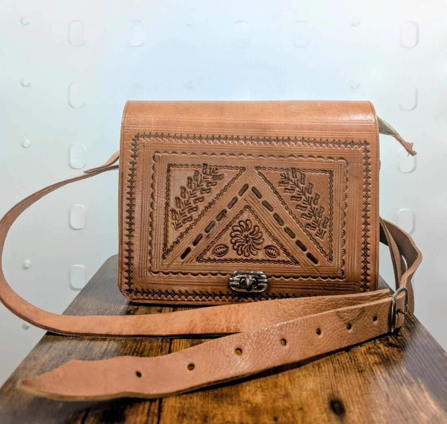 Hand Tooled Leather Crossbody Bag Artisan Handmade Unused