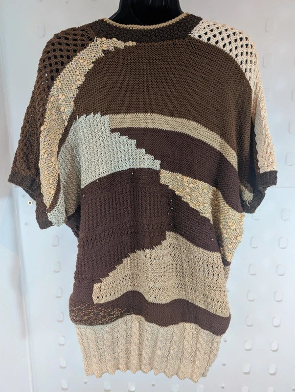 Vintage 1980s Handmade Brown Gold Abstract Knit Vest Wearable Art