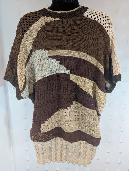 Vintage 1980s Handmade Brown Gold Abstract Knit Vest Wearable Art