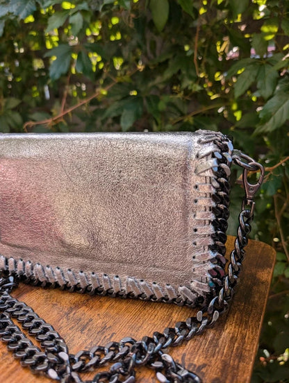 Borse in Pelle Genuine Leather Crossbody Clutch Bag Silver Made in Italy