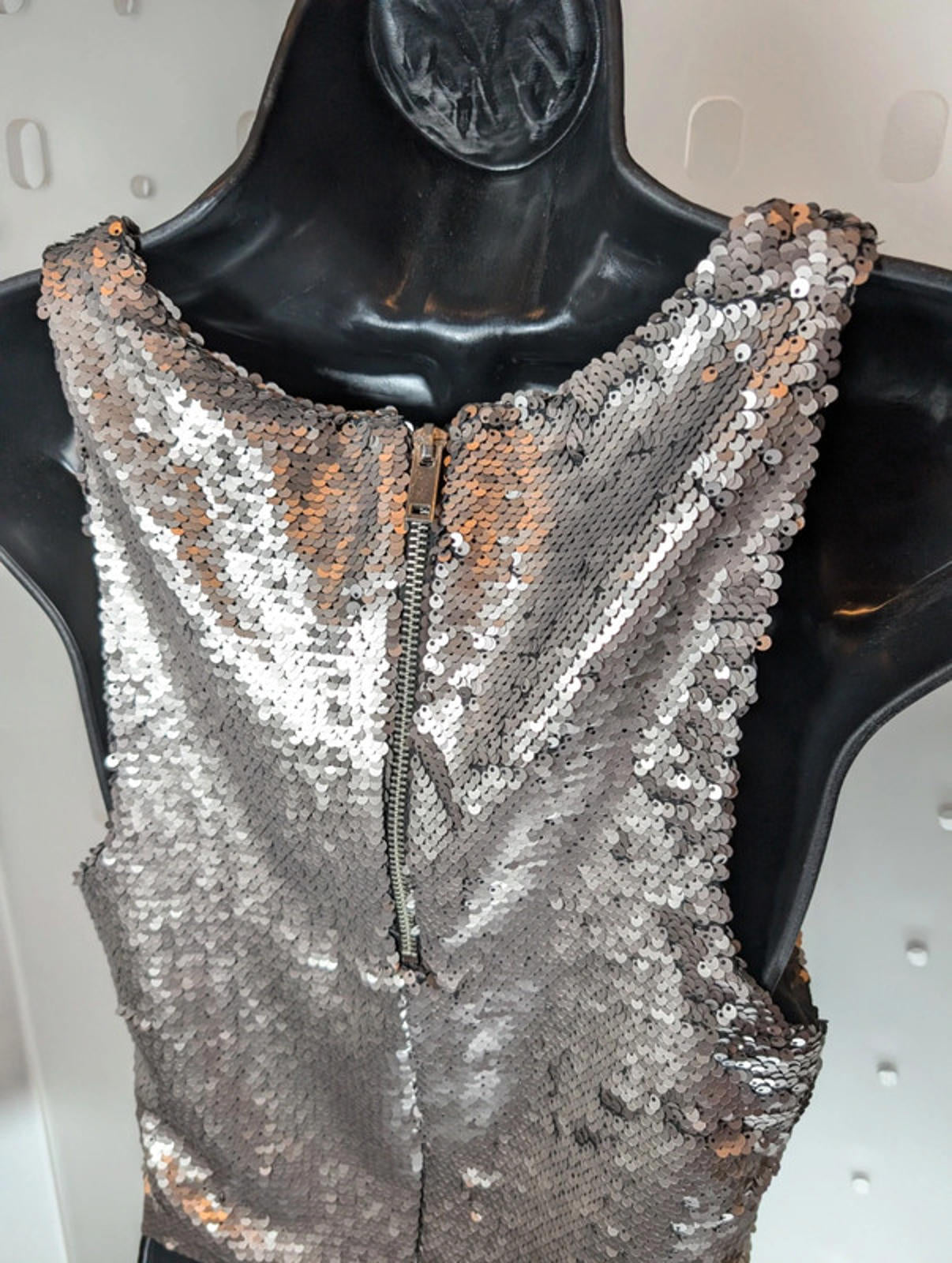 Mango Casual dull silver sequin top in EU Small