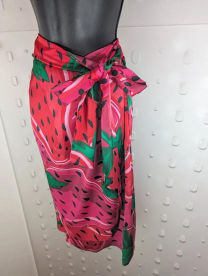 Never Fully Dressed Strawberry Print Satin Wrap Skirt Small