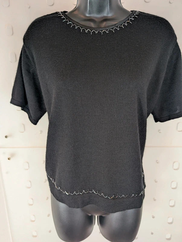 Petite Sophisticate Black Merino Wool Blend Knit Top L