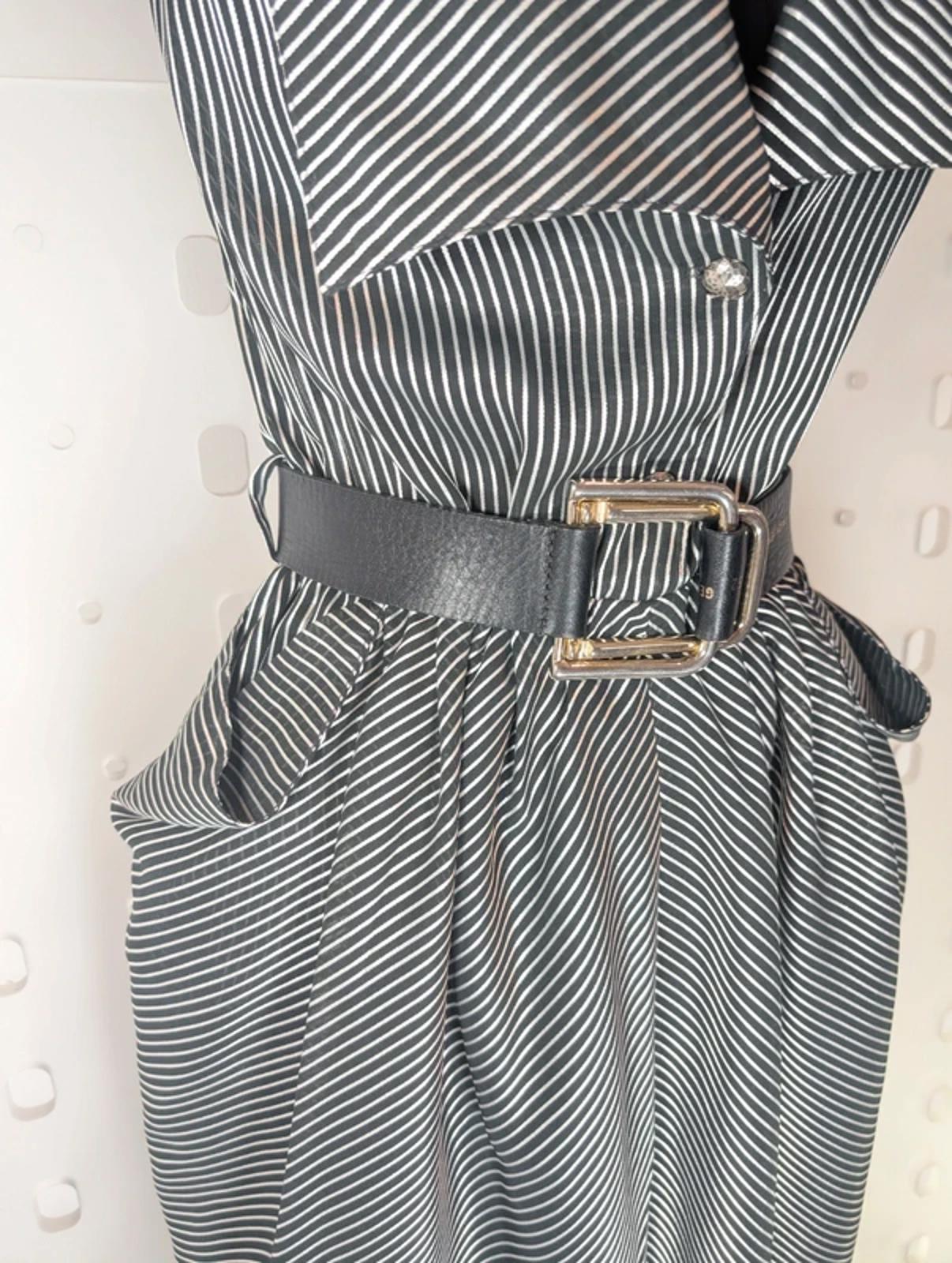 Vintage Black Silver Pinstripe Statement Dress Oversized Collar UK 12