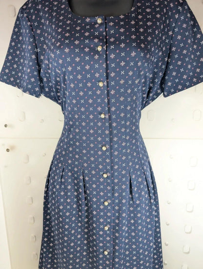 Vintage Berkertex Rose Tea Dress Navy Geometric Print UK14