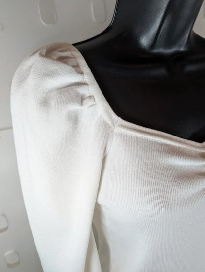 LUC-CE Off White Puff Sleeve Sweetheart Neck Knit Jumper UK10–12
