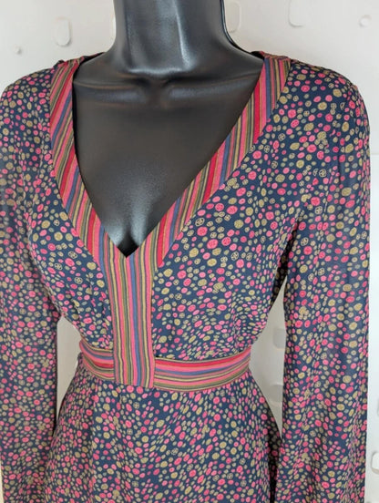 Laura Ashley Tie Blouse UK10 Pink Khaki Print