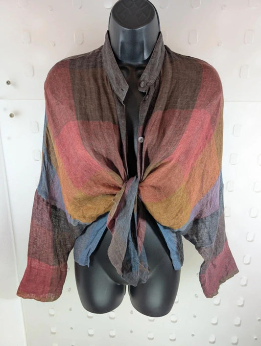 Vintage Joyce Ridings Pure Linen Check Shirt UK10 Batwing Sleeves