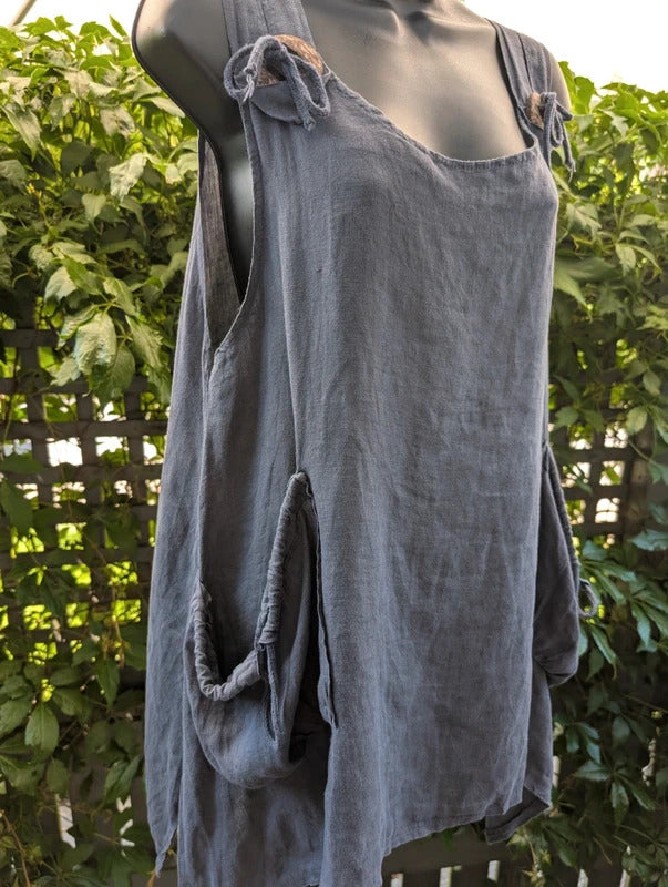 Italian Linen Tie Shoulder Longline Top Navy Blue M