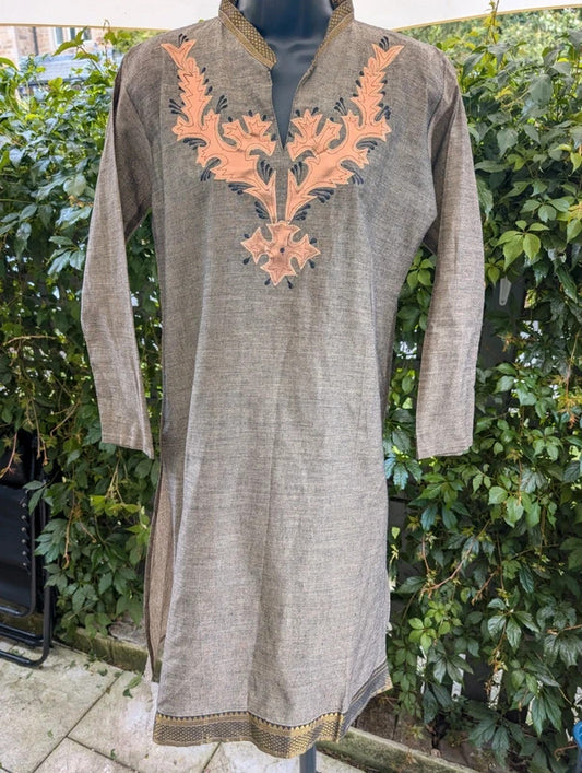Handmade Bohemian Kaftan Dress Earthy Brown Copper Appliqué